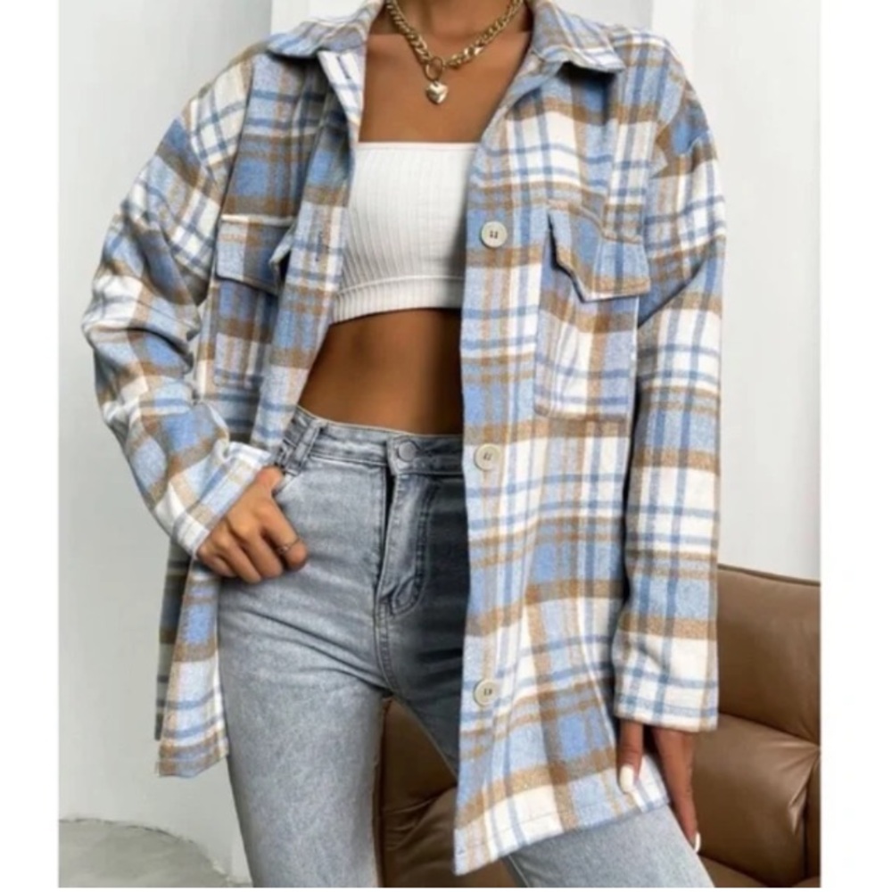 Flannel Plaid Button Down Shirt Medium Blue White Womens Long Sleeve Casual - Picture 1 of 5